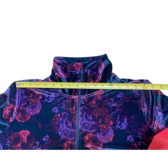 Woman Within Velour Navy Purple Floral Full zip jacket High Neck Size Medium M - Picture 5 of 11